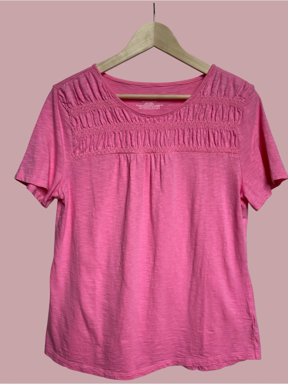 Talbots Pink Short Sleeve Smocked Yoke Top size L cotton modal